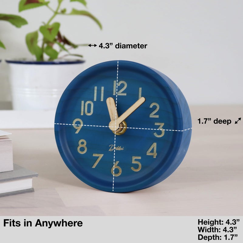 Driini ساعة درييني الخشبية التناظرية المكتبية - 4.3 بوصة. خشب الصنوبر الزخرفي، تصميم بدون صوت - ساعة mantel سهلة القراءة مع حركة هادئة - ساعات طاولة هادئة مع جسم خشبي، عقارب، وغطاء بطارية؛ زرقاء - Image 3